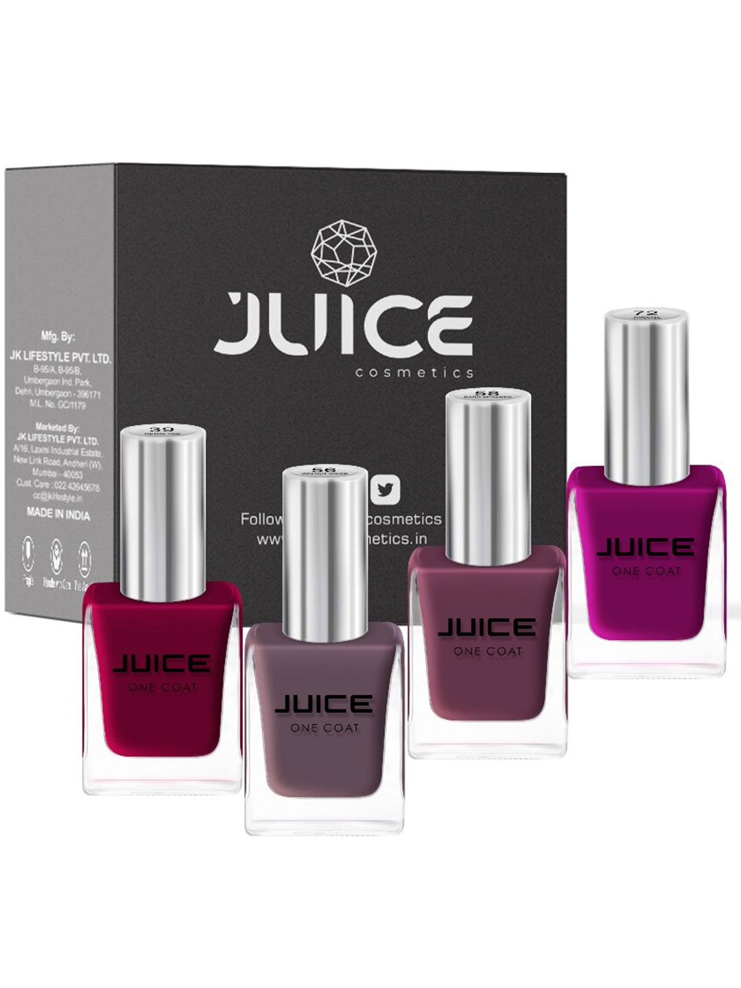JUICE Set of 4 Nail Paint Retro Red-39 Walnut Wood-56 Dark Spresso-58 Carnival Hangover-72 44 ml, Multi
JUICE Set of 4 Nail Paint Retro Red-39 Walnut Wood-56 Dark Spresso-58 Carnival Hangover-72 44 ml, Multi