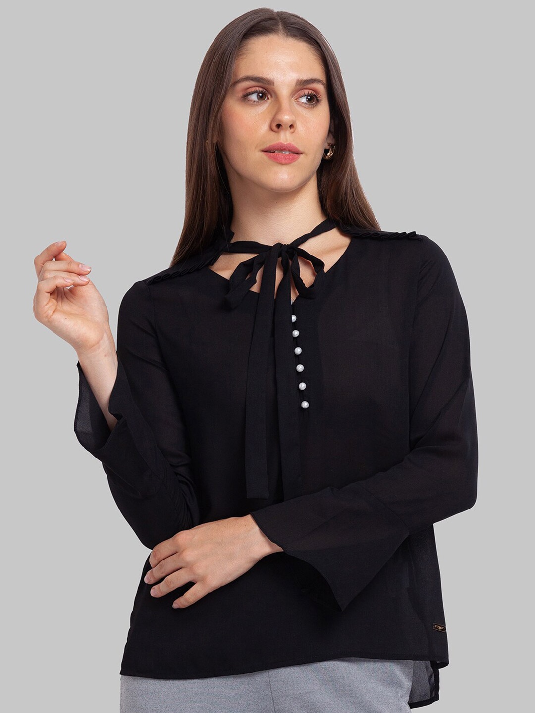 Park Avenue Black Tie-Up Neck Top