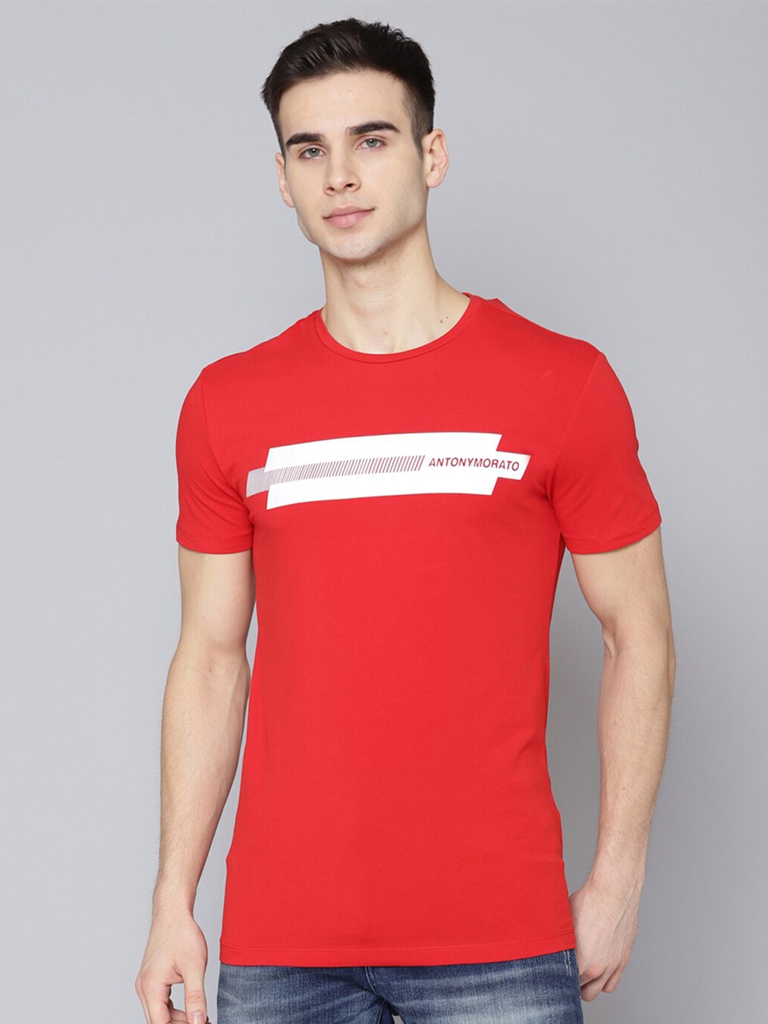 Antony Morato Men Red Typography Printed Applique Slim Fit T-shirt