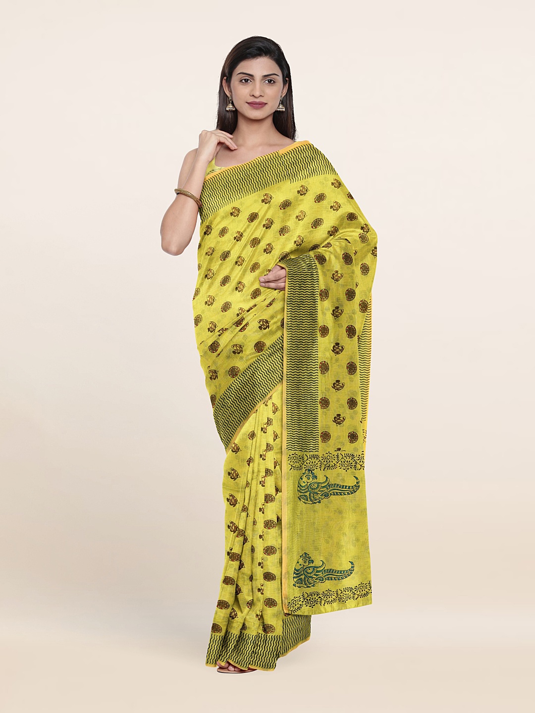 Pothys Yellow Ethnic Motifs Printed Pure Cotton Saree