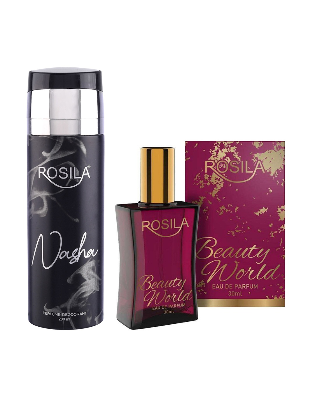 ROSILA Set of Beauty World Eau De Parfum 30 ml & Nasha Deodorant 200 ml, Black
ROSILA Set of Beauty World Eau De Parfum 30 ml & Nasha Deodorant 200 ml, Black