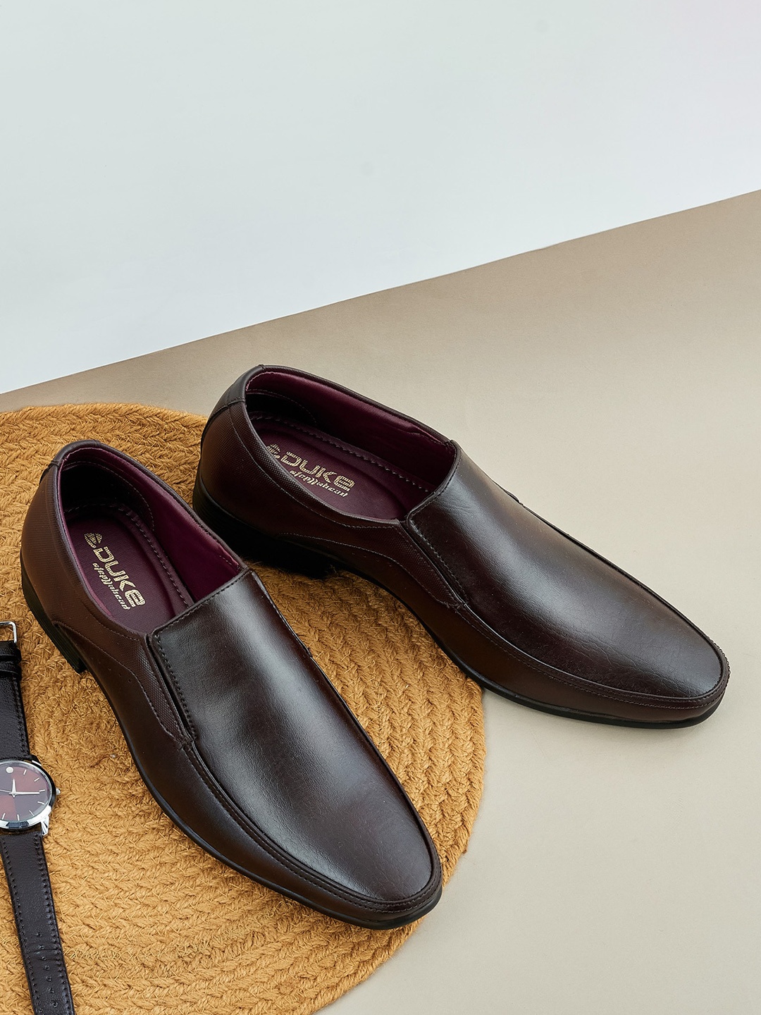 Duke Men Brown Solid Formal Slip on Shoes