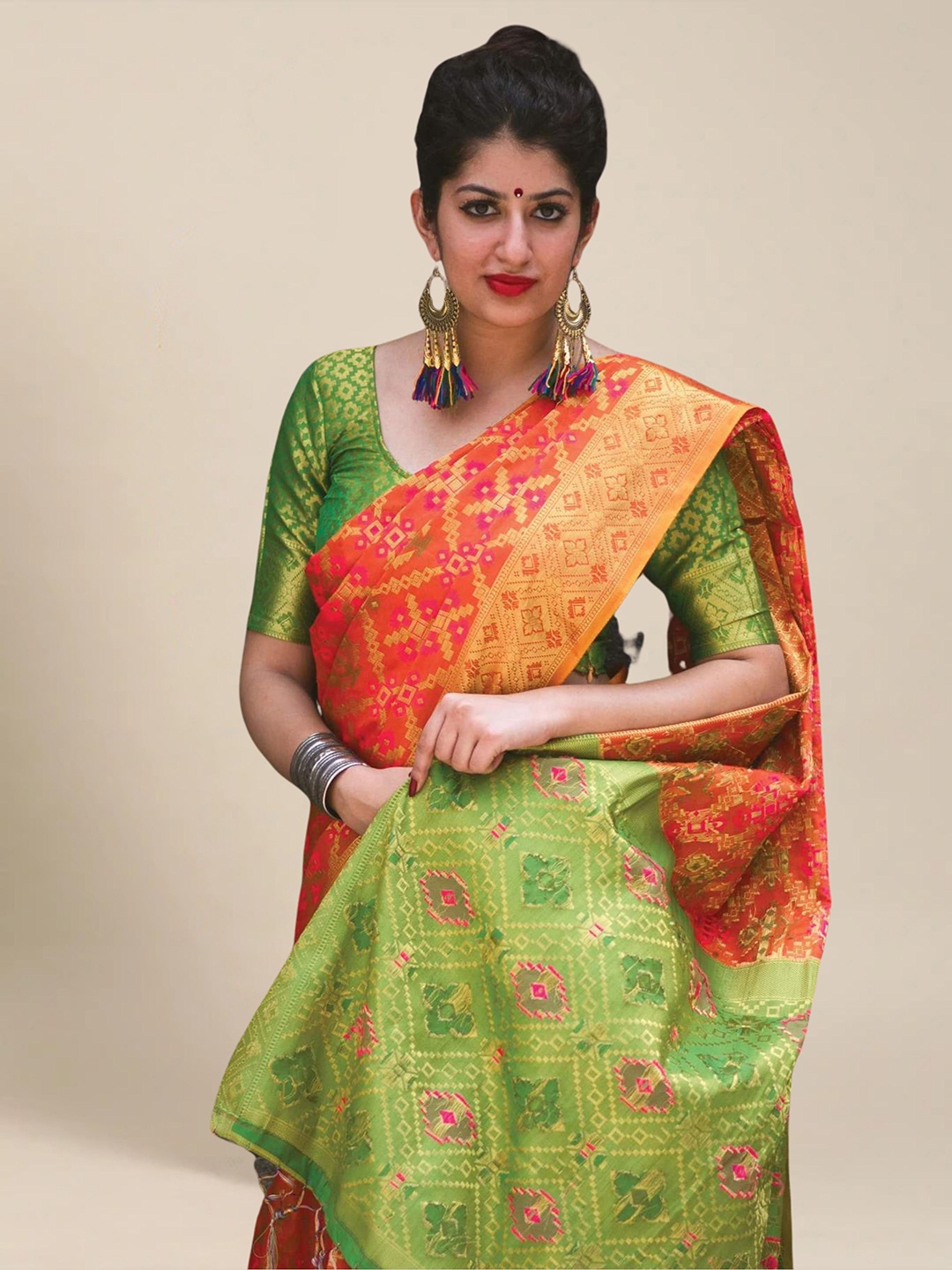 MS RETAIL Orange & Green Ethnic Motifs Zari Silk Blend Patola Saree
