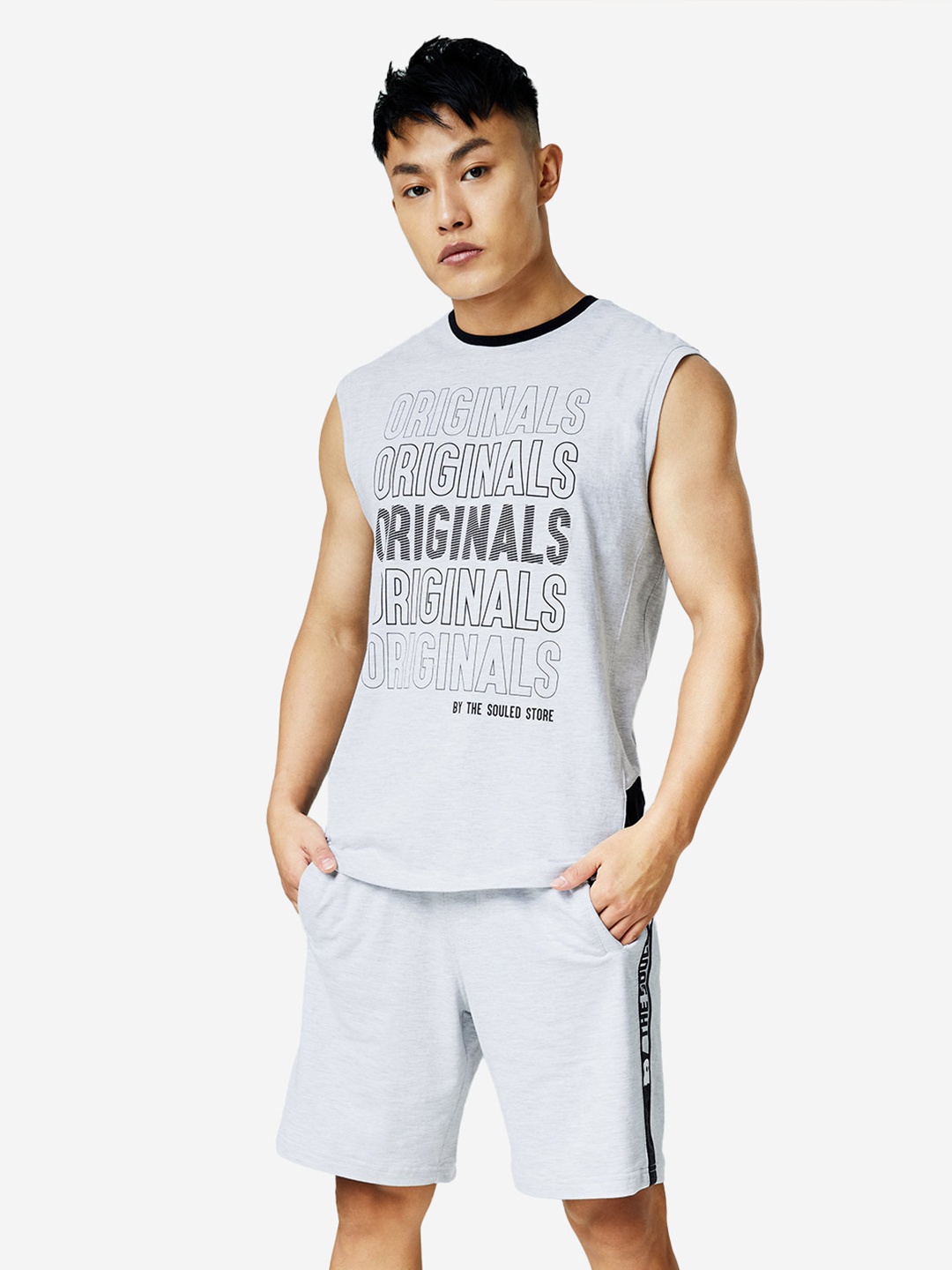 The Souled Store Men Grey Printed T-Shirt & Shorts