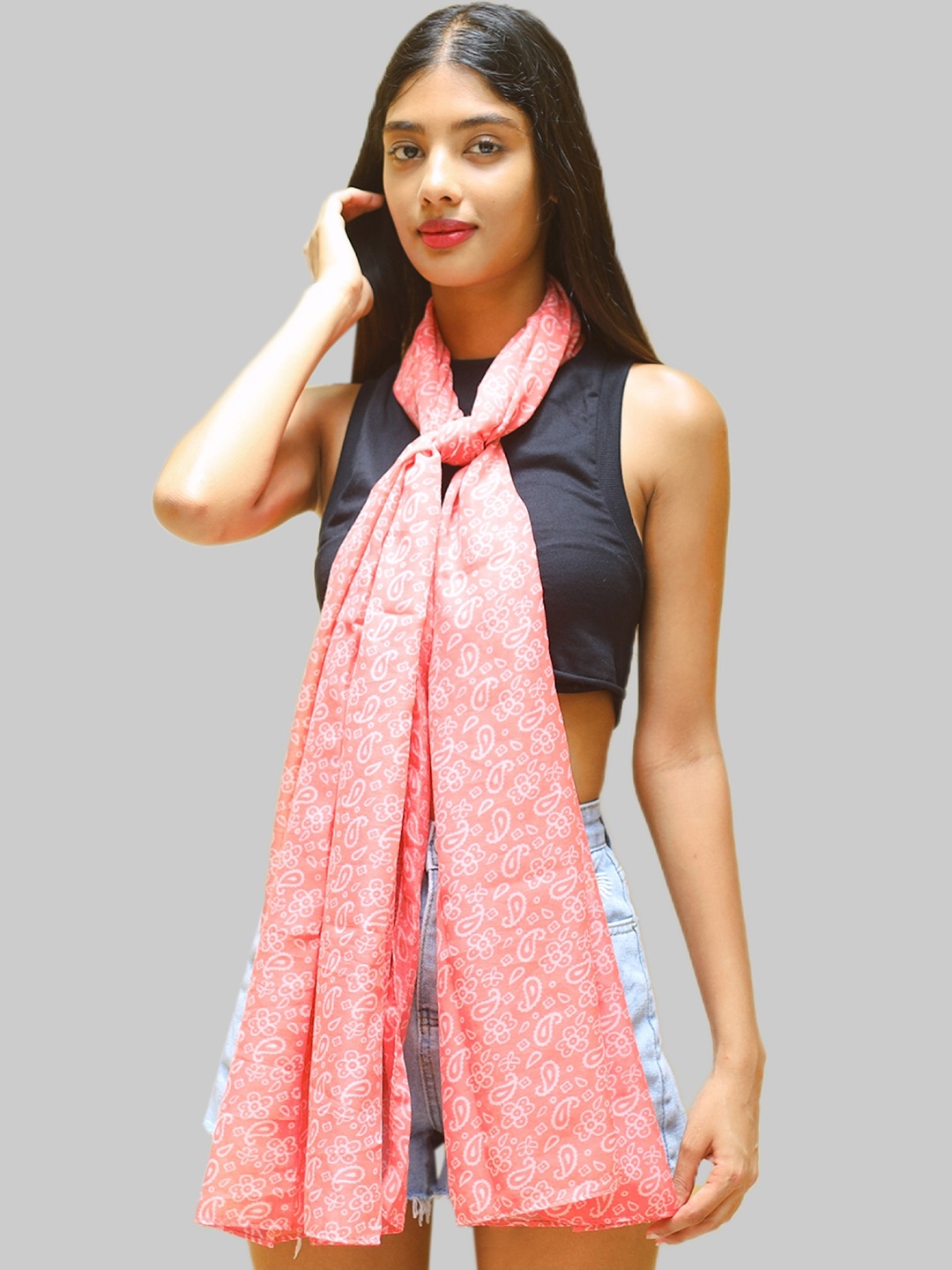 Ayesha Women Pink & White Printed Polycotton Scarf