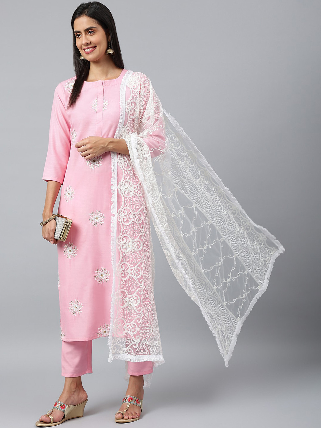 KALINI Women Pink Floral Embroidered Layered Kurti with Trousers & With Dupatta
KALINI Women Pink Floral Embroidered Layered Kurti with Trousers & With Dupatta