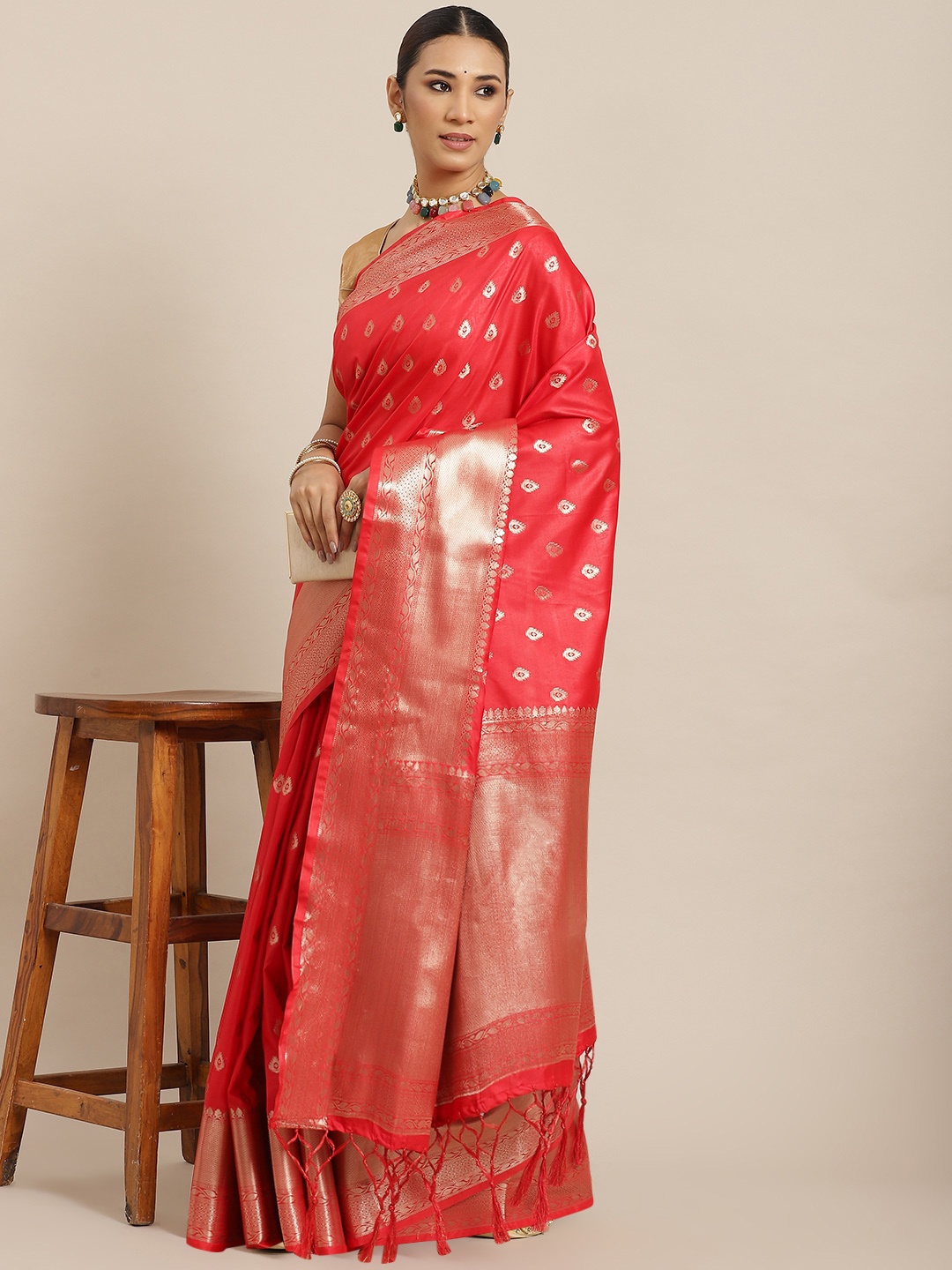 Havida Sarees Coral Red & Golden Woven Design Zari Border Banarasi Saree