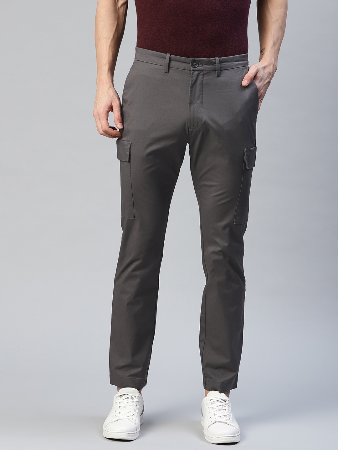 Marks & Spencer Men Charcoal Grey Slim Fit Cargo Trousers