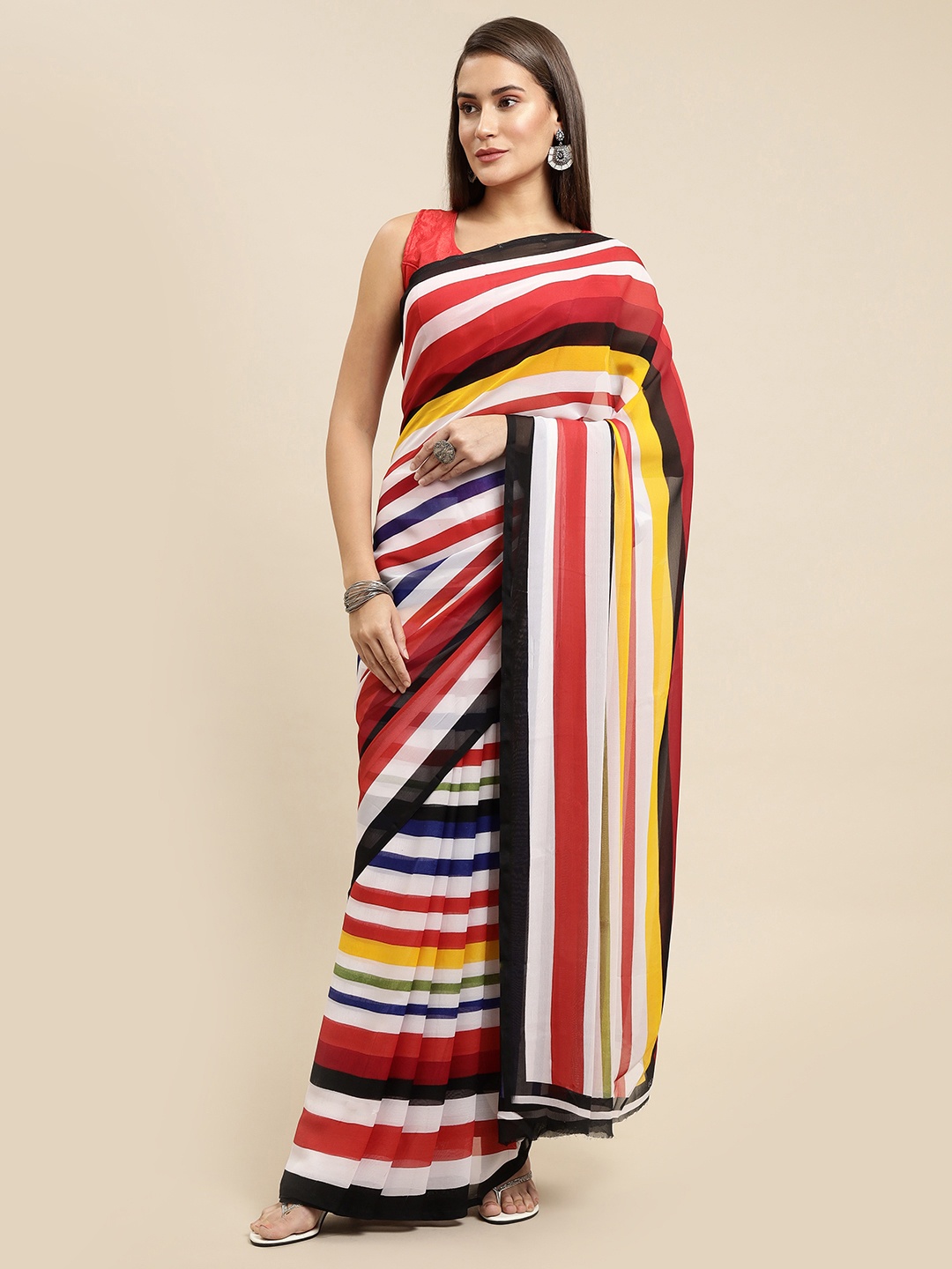 KALINI Women Black & Red Striped Saree