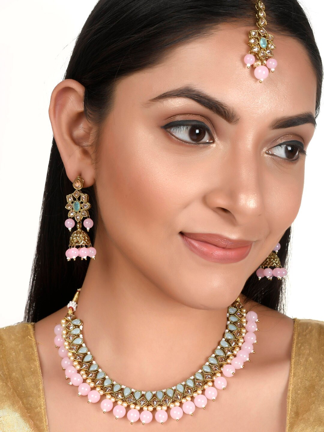 AQUASTREET JEWELS Baby Pink Beads And colourful Crystals Stones Maang Tika Jewellery Set, Gold
AQUASTREET JEWELS Baby Pink Beads And colourful Crystals Stones Maang Tika Jewellery Set, Gold