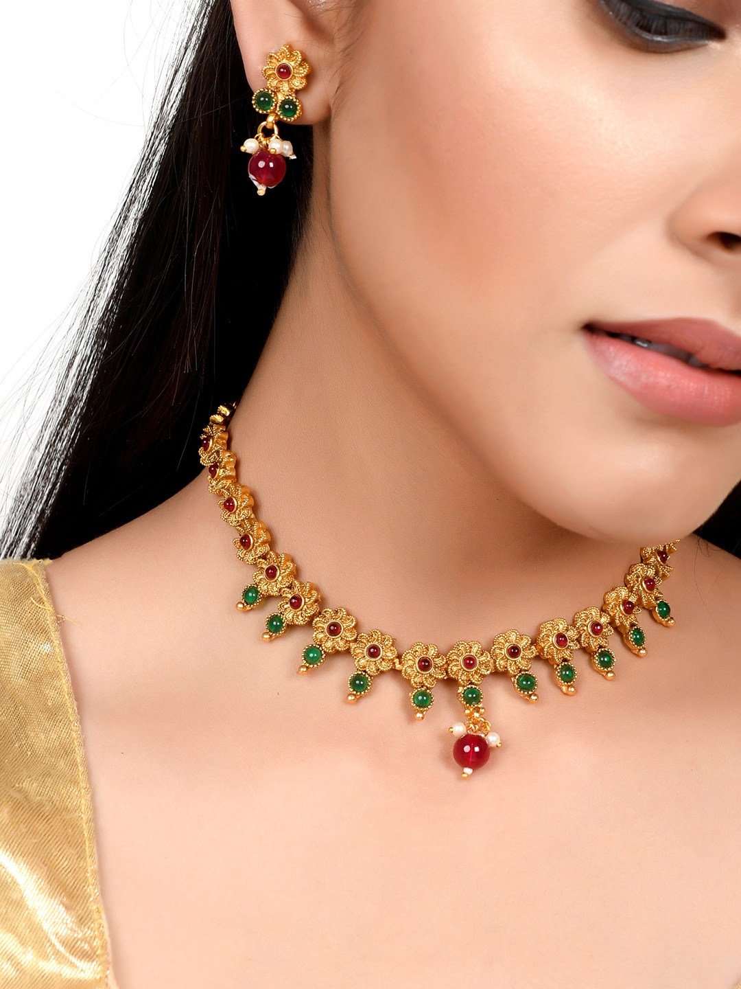 AQUASTREET JEWELS Antique Gold Plated Faux Ruby and Emerald Studded Red Necklace Jewelry Set
AQUASTREET JEWELS Antique Gold Plated Faux Ruby and Emerald Studded Red Necklace Jewelry Set