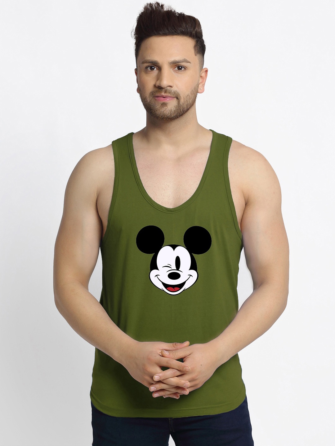 Friskers Men Olive Green & White Printed Cotton Innerwear Vests