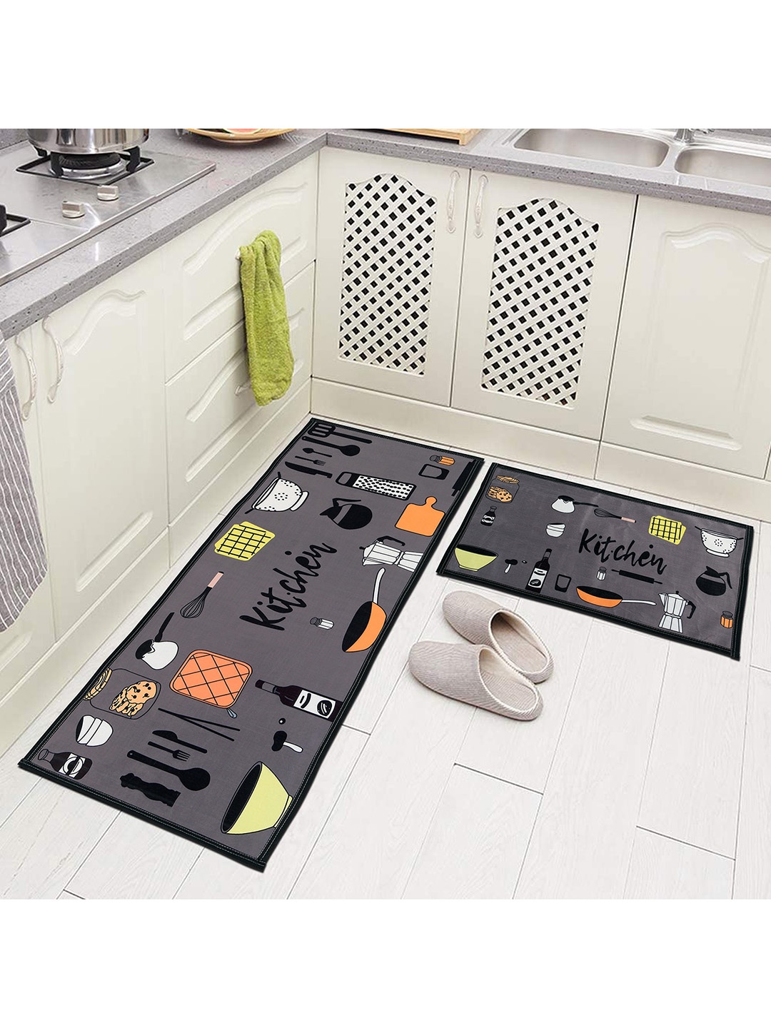 AAZEEM Set Of 2 Grey Printed Kitchen Runners