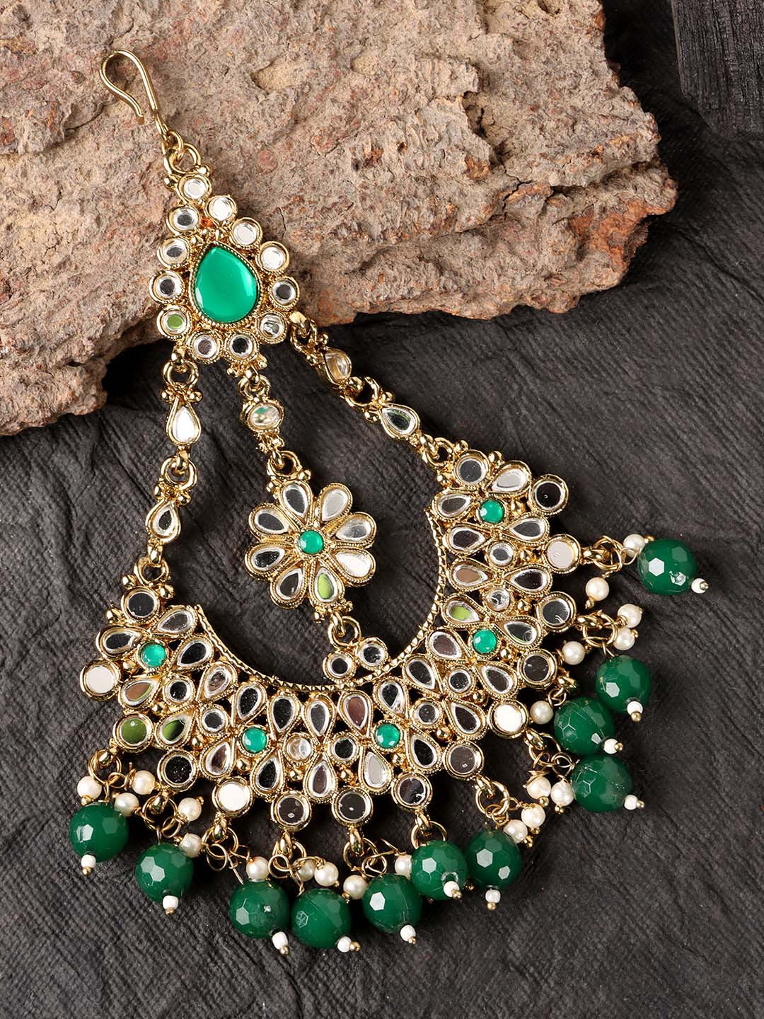 JEWELS GEHNA Gold Plated Green & White Kundan-Studded & Beaded Jhumar
JEWELS GEHNA Gold Plated Green & White Kundan-Studded & Beaded Jhumar