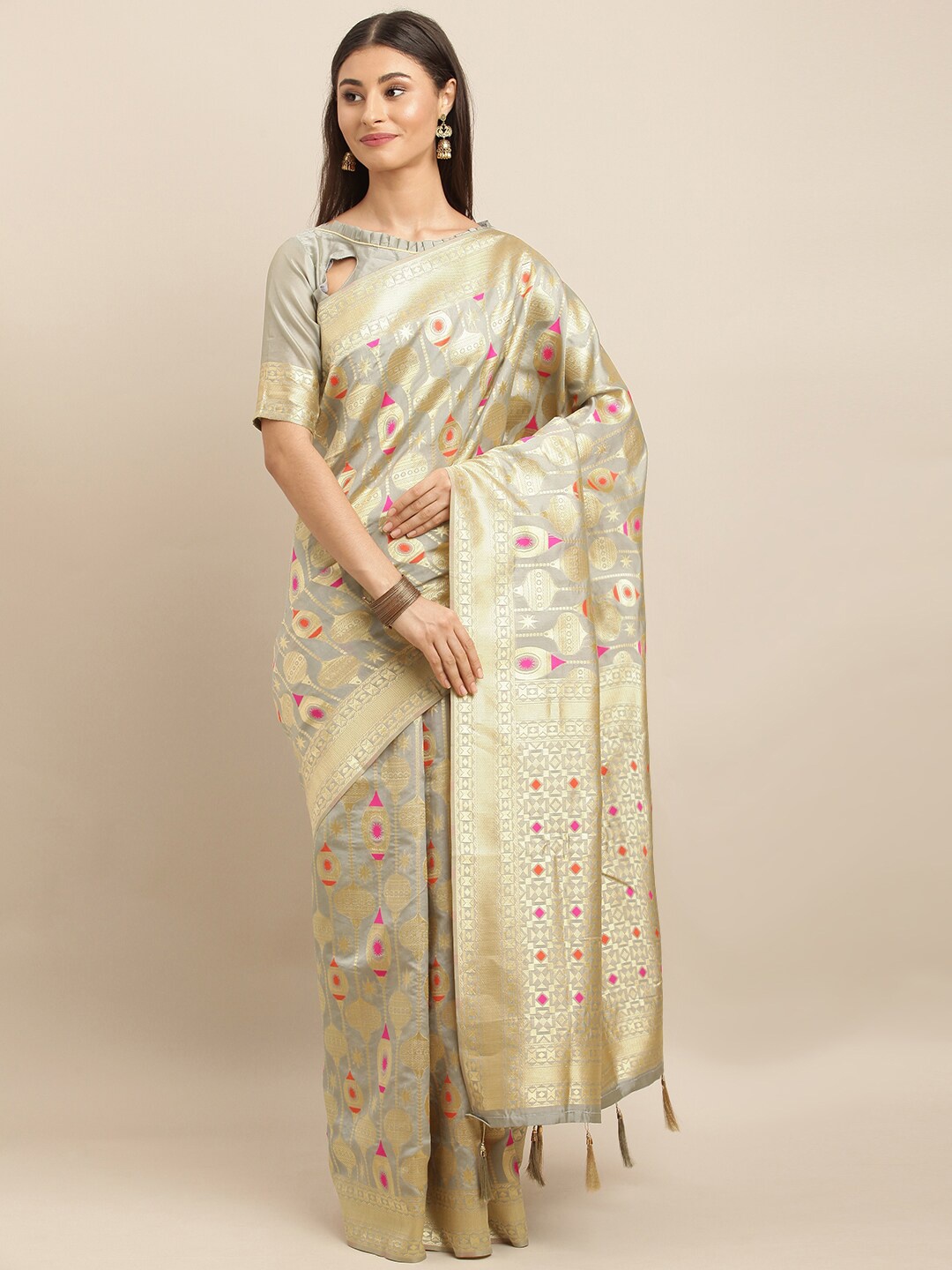 SHAVYA Grey & Red Woven Design Zari Silk Blend Banarasi Saree