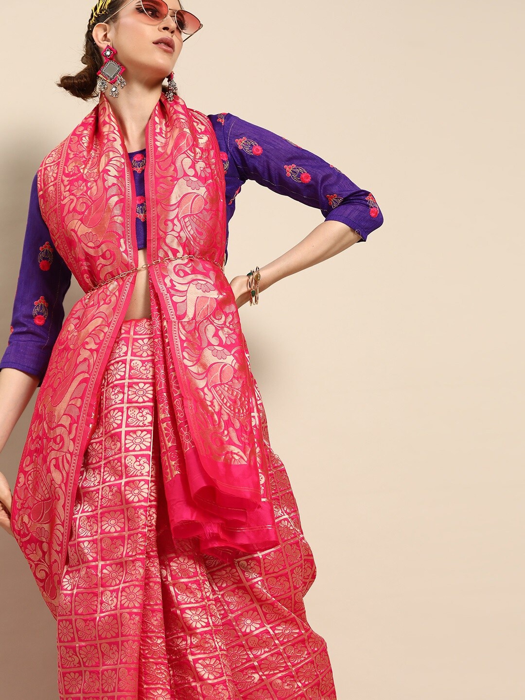 SHAVYA Pink Woven Design Zari Silk Blend Patola Saree