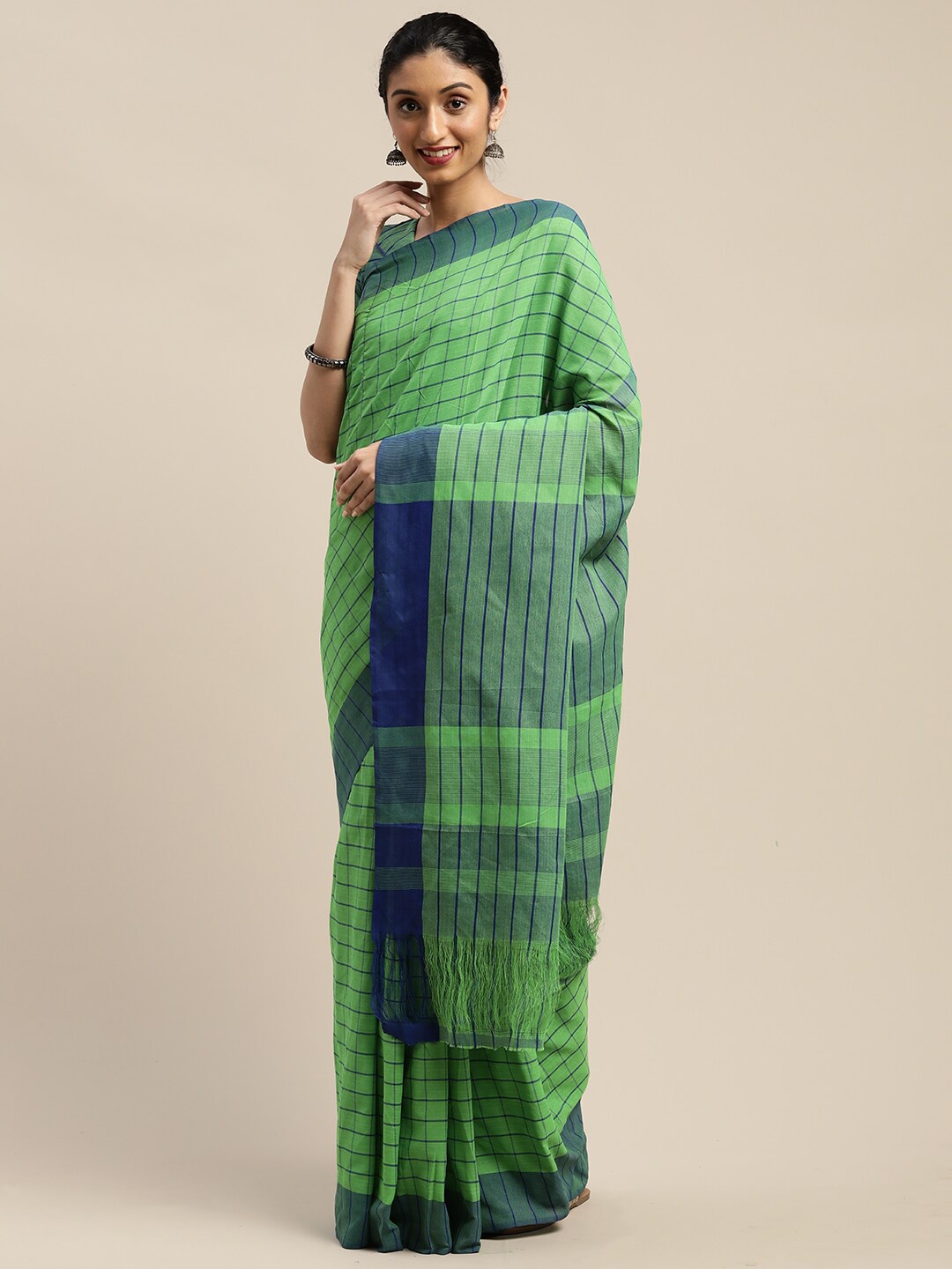 SHAVYA Green & Blue Checked Saree