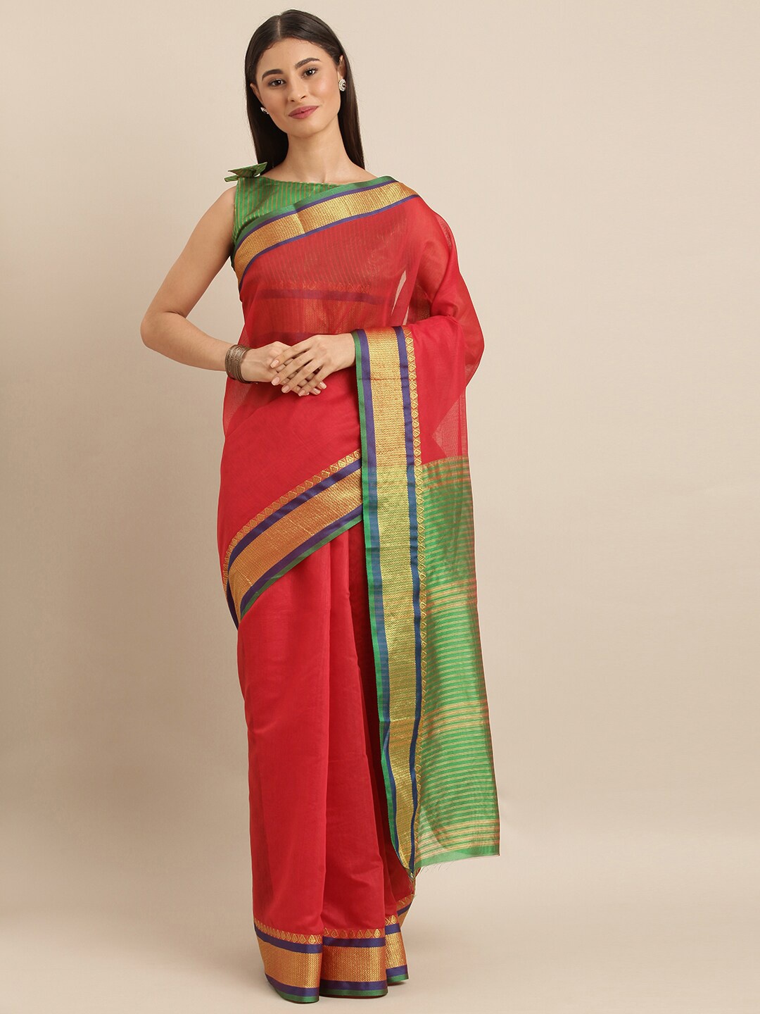 SHAVYA Red & Green Checked Pure Cotton Saree