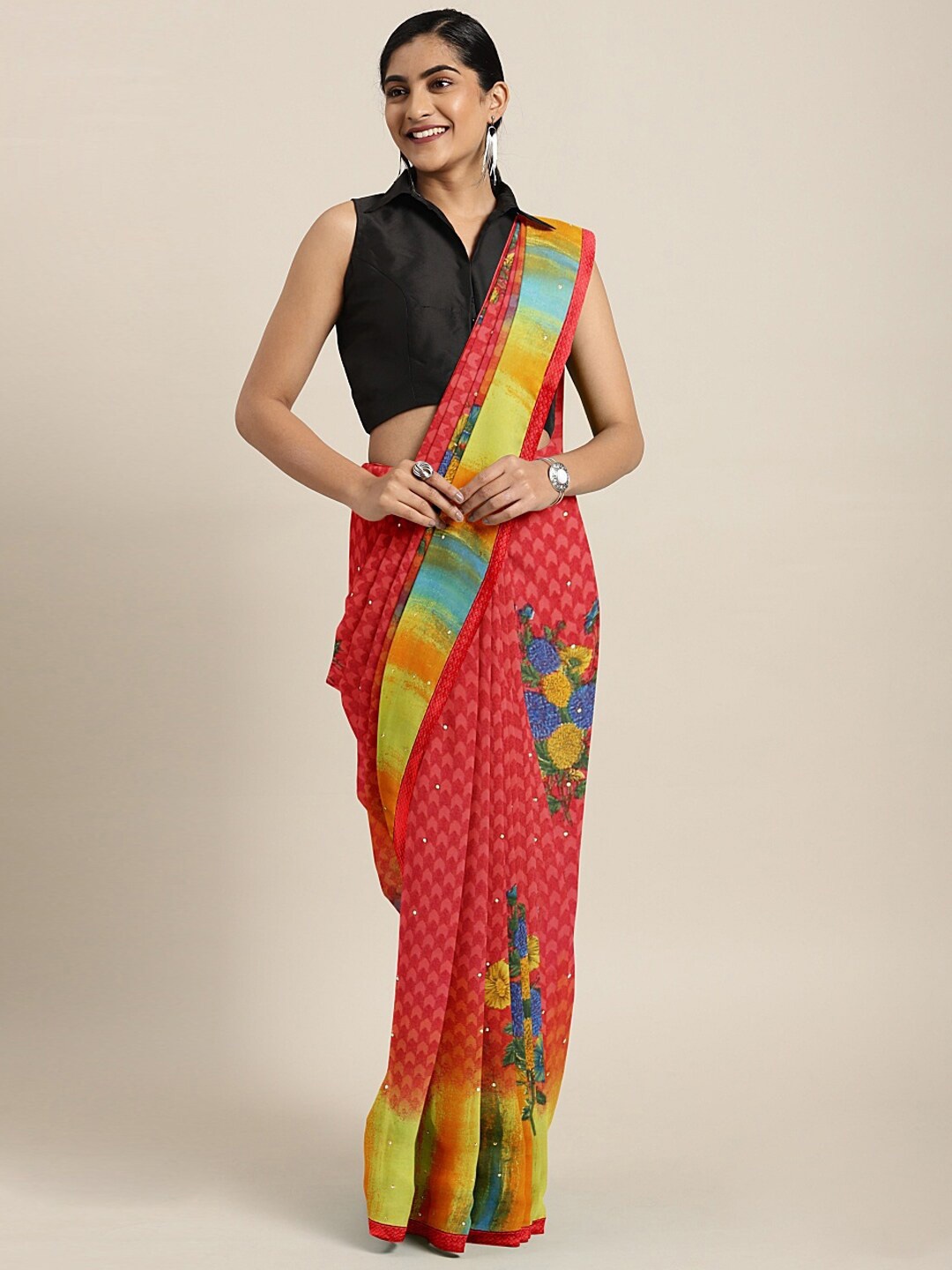 SHAVYA Mustard Floral Embroidered Pure Georgette Saree