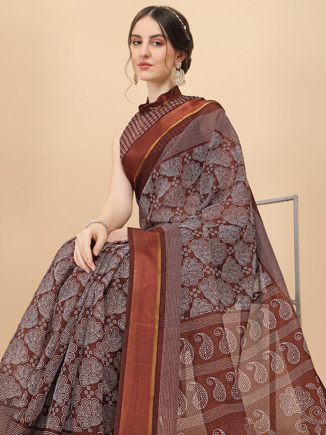 KALINI Brown & Grey Floral Kota Saree