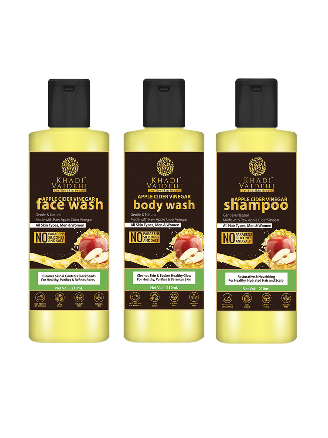 Khadi Vaidehi Apple Cider Vinegar Combo - Face Wash - Body Wash - Shampoo - 210ml each, Yellow
Khadi Vaidehi Apple Cider Vinegar Combo - Face Wash - Body Wash - Shampoo - 210ml each, Yellow