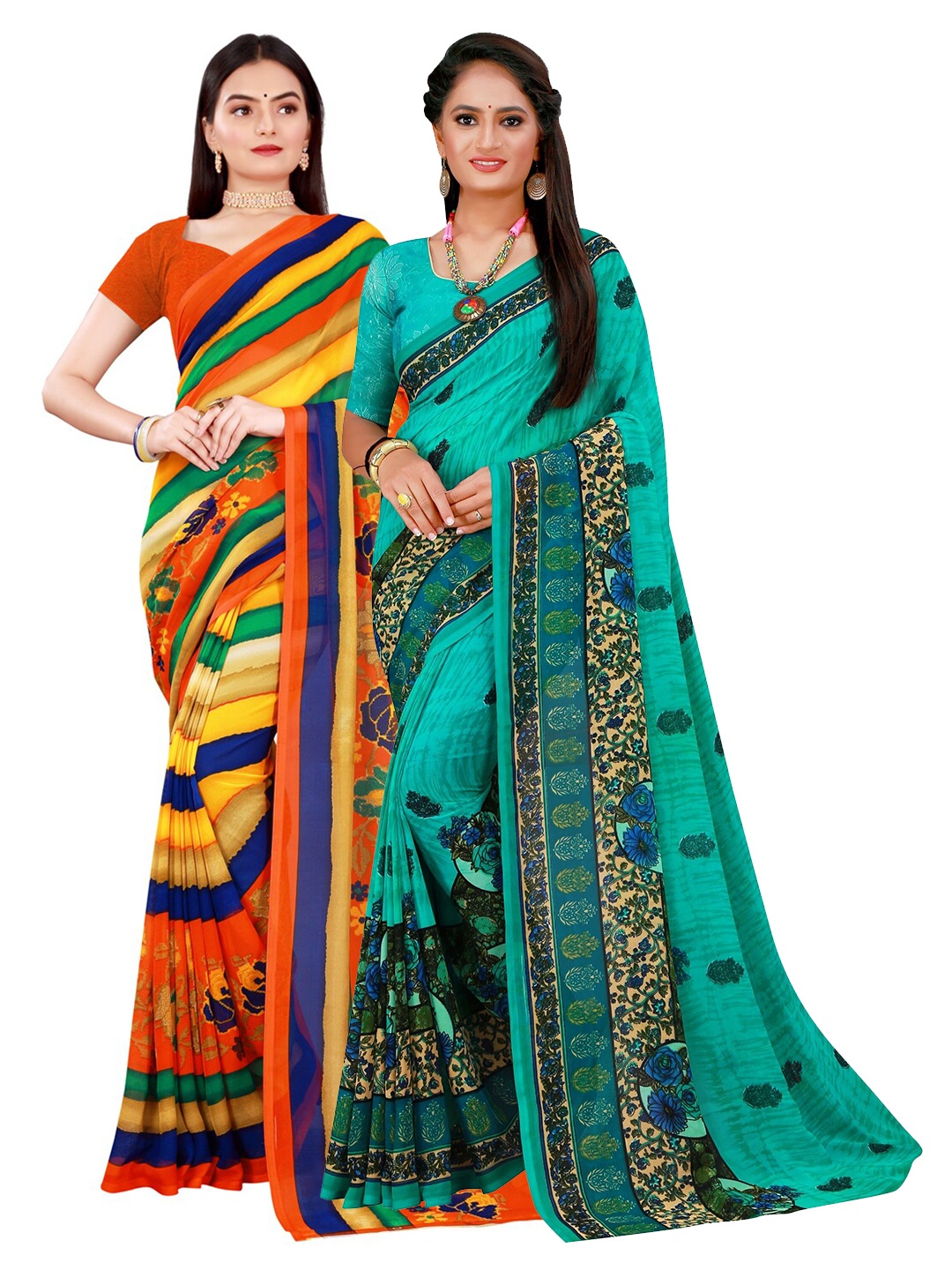 SAADHVI Red & Green Floral Pure Georgette Saree