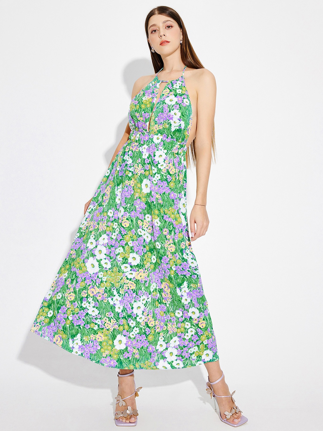 URBANIC Green & Purple Floral Printed Halter Neck Maxi Dress