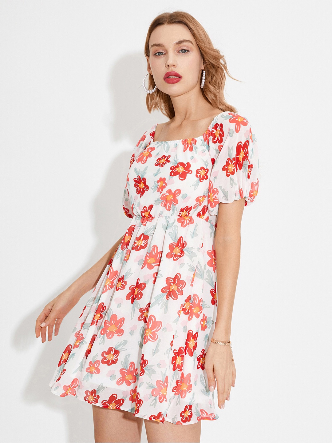 URBANIC White & Red Floral Printed Dress