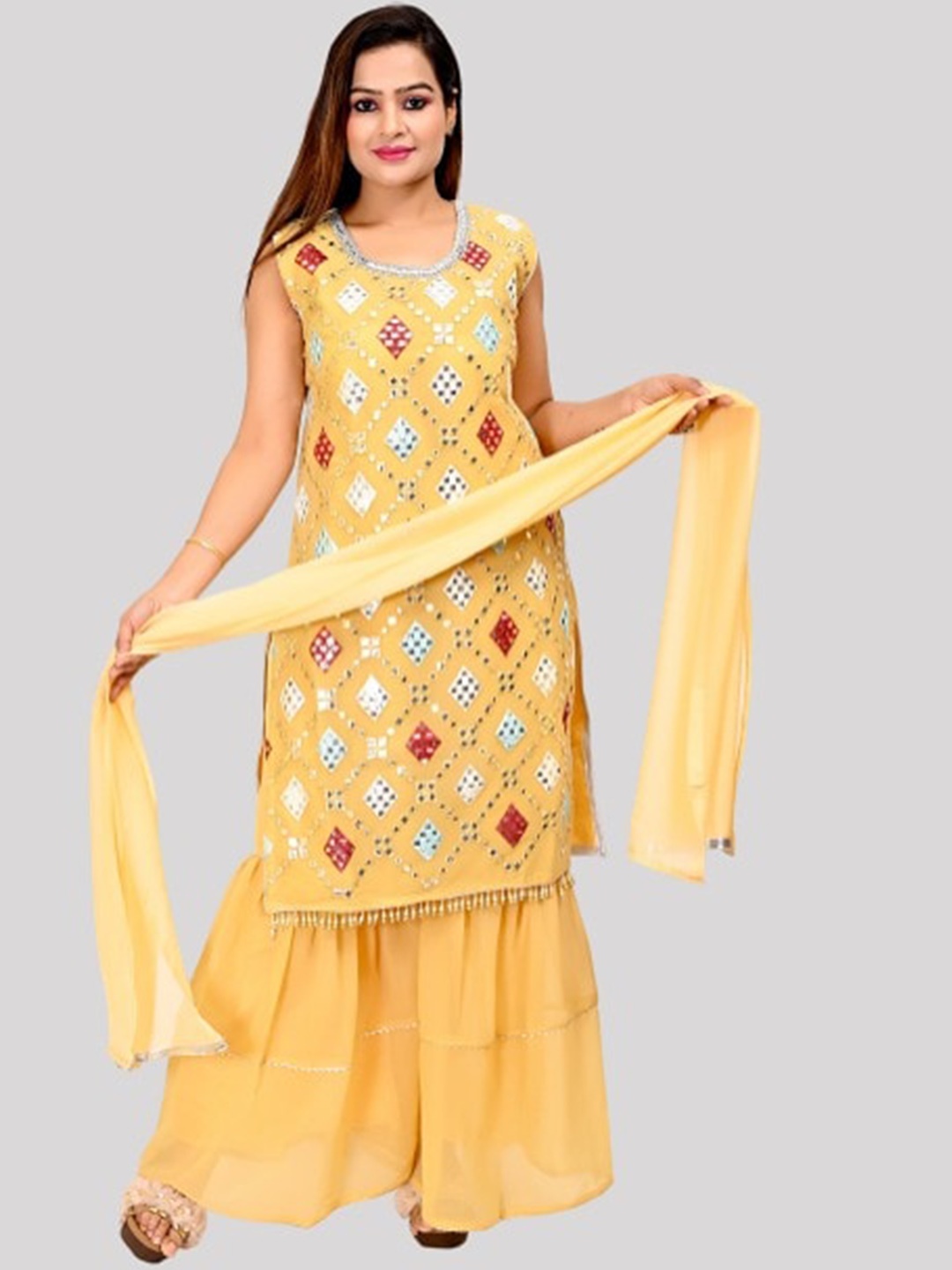 FNOCKS Women Yellow Floral Embroidered Layered Mirror Work Kurti with Sharara & With Dupatta
FNOCKS Women Yellow Floral Embroidered Layered Mirror Work Kurti with Sharara & With Dupatta