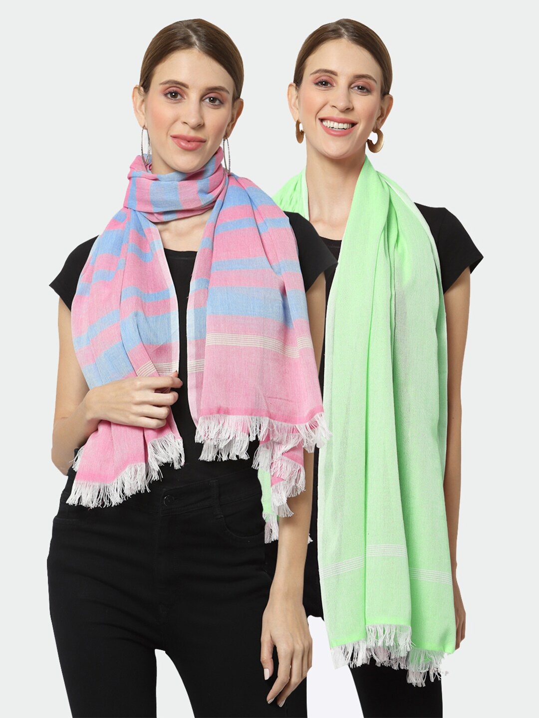 KLOTTHE Women Pack of 2 Pure Cotton Stoles, Green