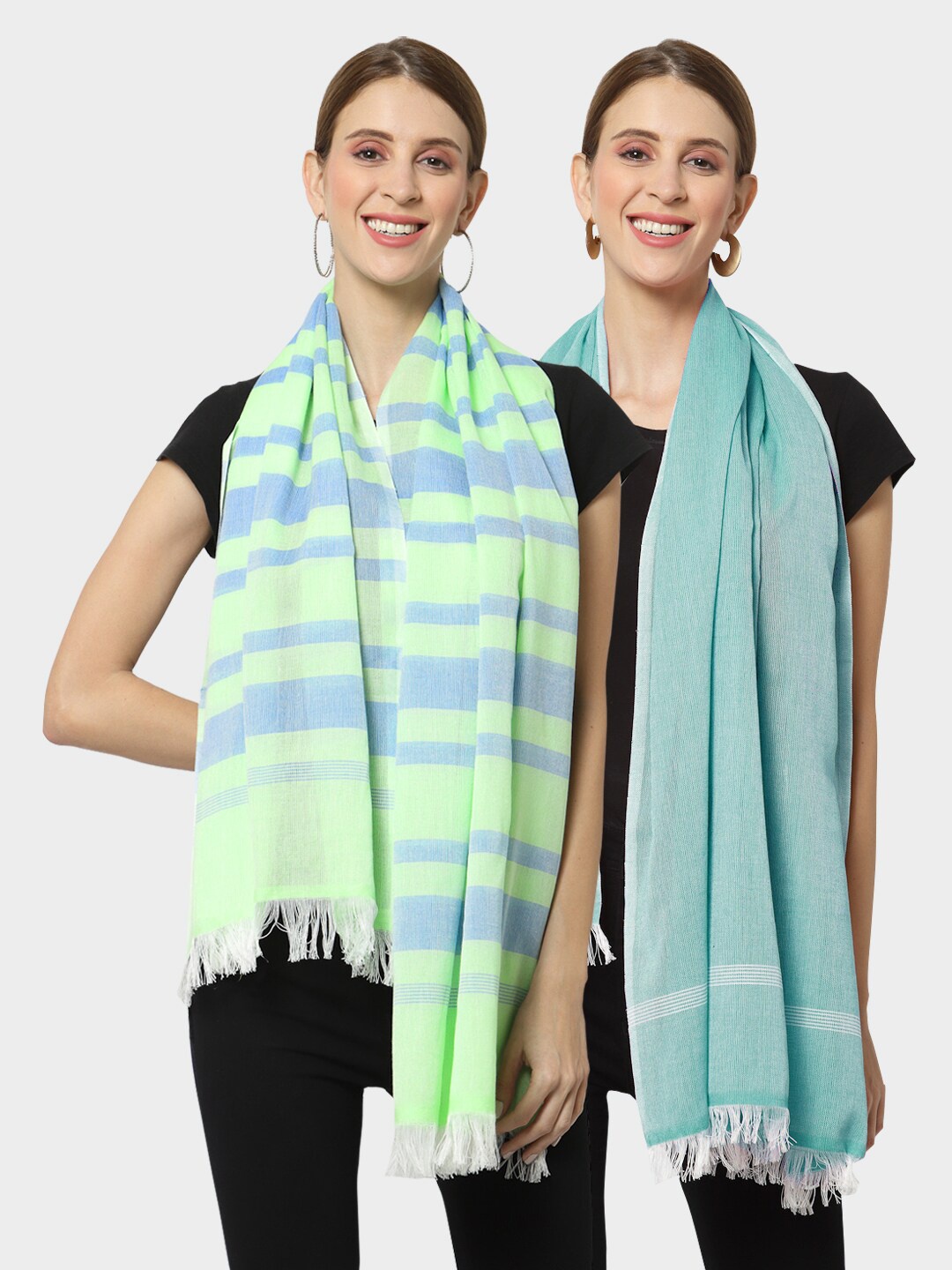 KLOTTHE Women Pack of 2 Pure Cotton Stoles, Green