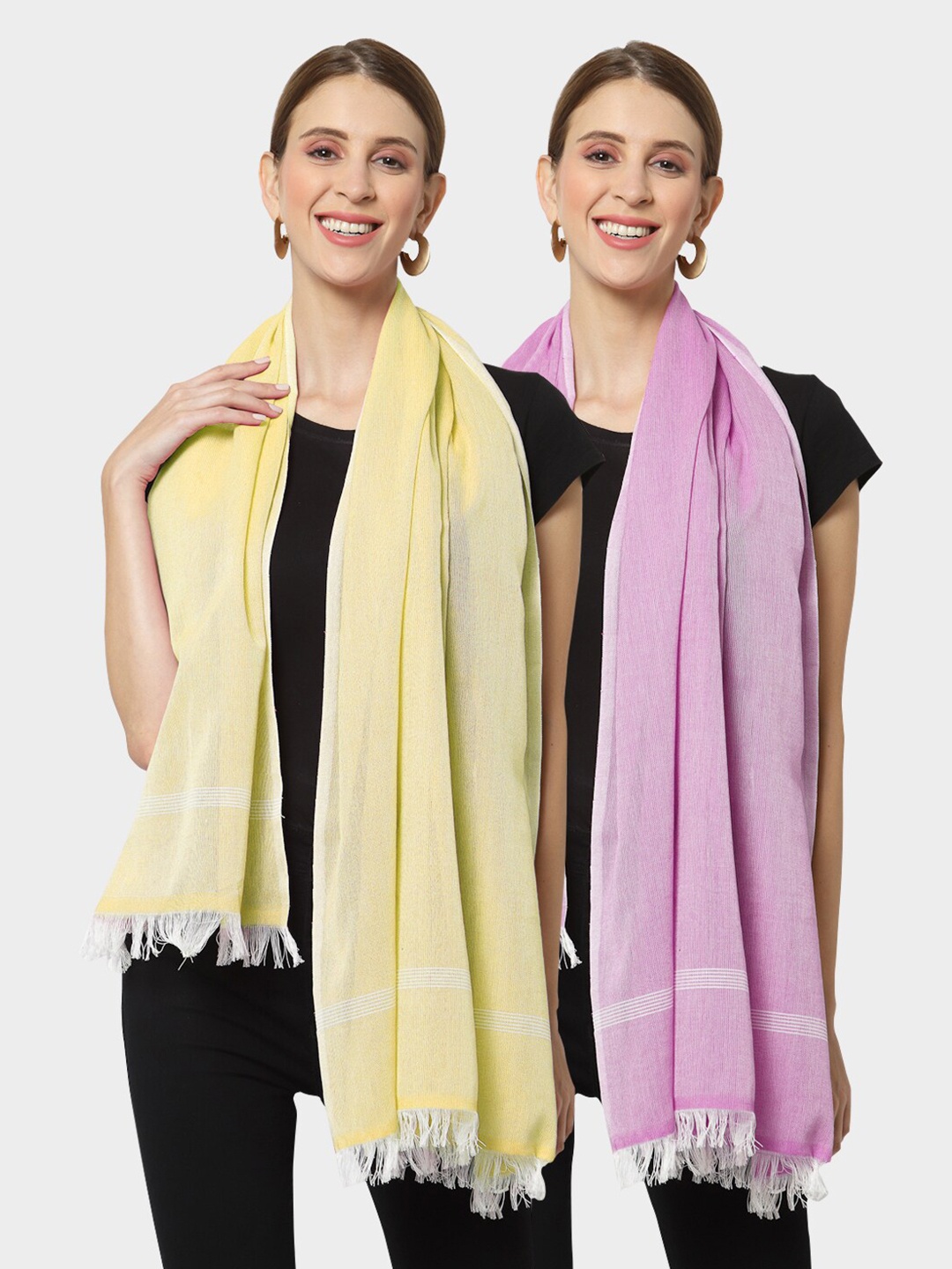 KLOTTHE Women Pack of 2 Pure Cotton Stoles, Yellow