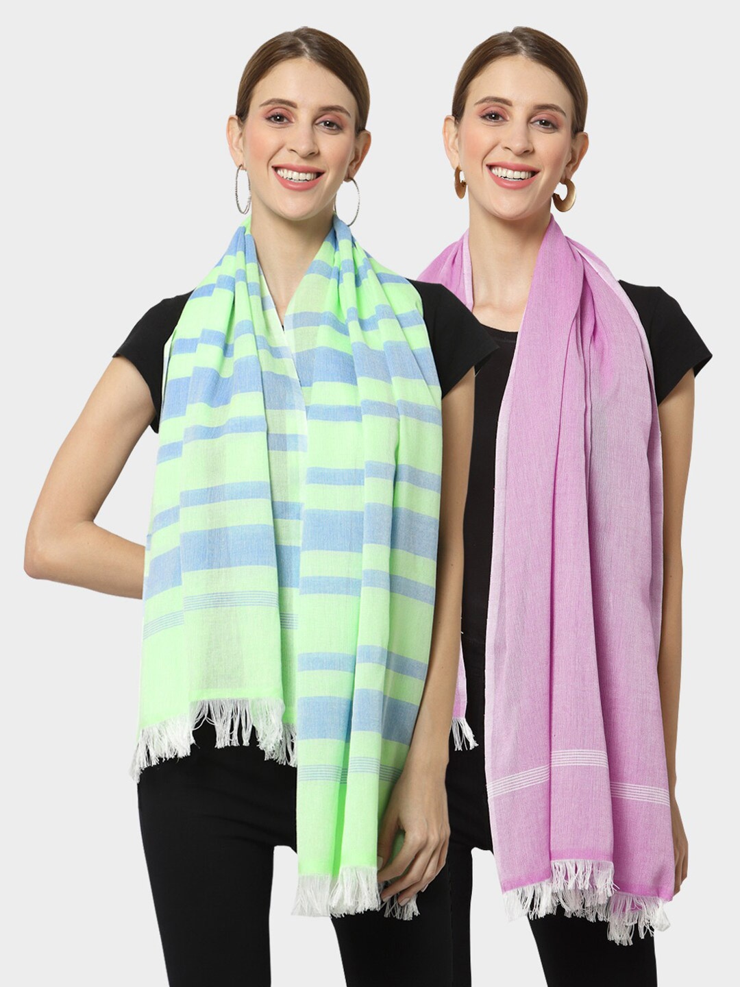 KLOTTHE Women Pack of 2 Pure Cotton Stoles, Green
