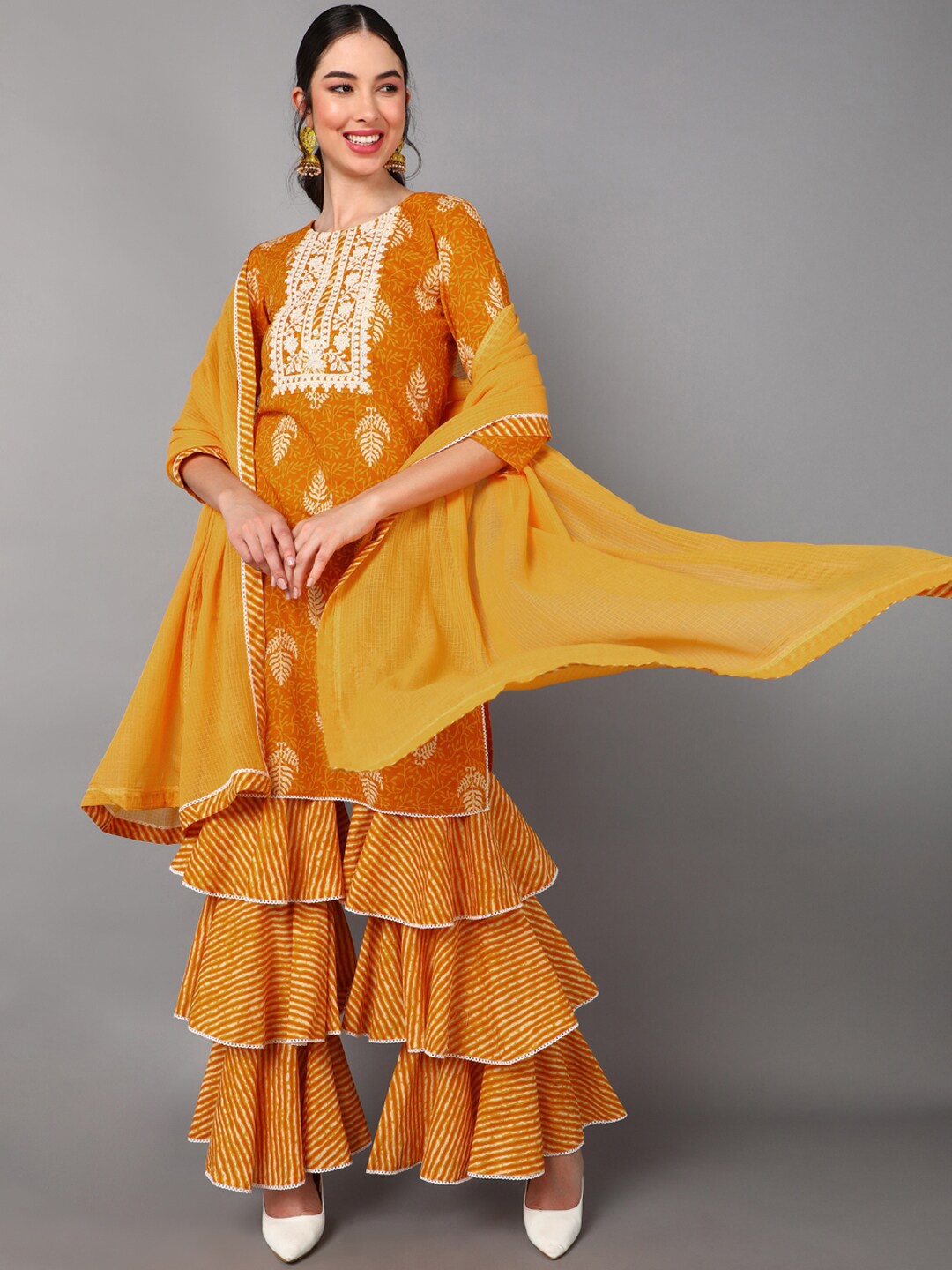 AHIKA Women Mustard Yellow Bandhani Embroidered Angrakha Pure Cotton Kurti with Sharara
AHIKA Women Mustard Yellow Bandhani Embroidered Angrakha Pure Cotton Kurti with Sharara