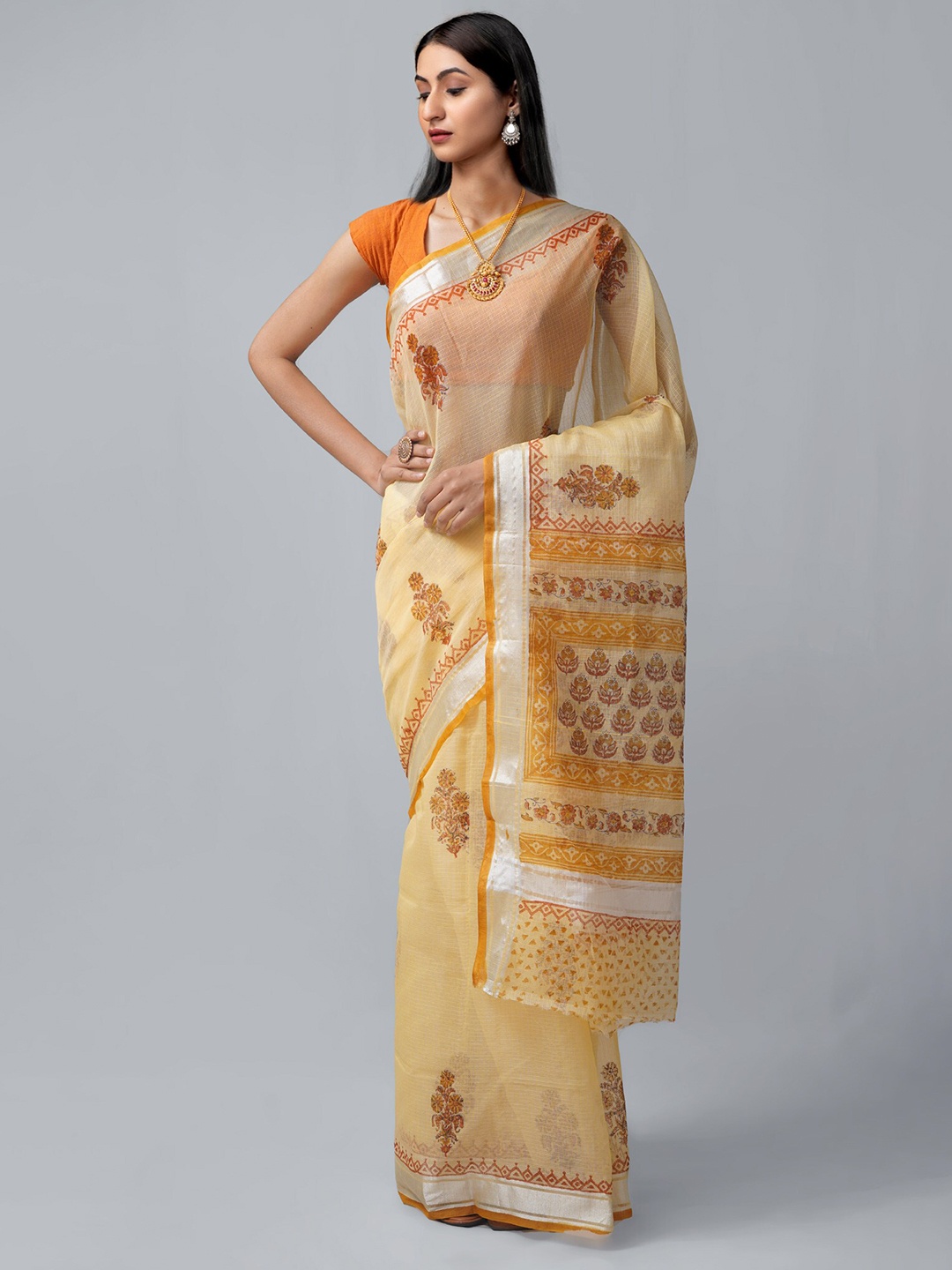 Unnati Silks Yellow & Silver-Toned Ethnic Motifs Zari Pure Cotton Block Print Saree
Unnati Silks Yellow & Silver-Toned Ethnic Motifs Zari Pure Cotton Block Print Saree