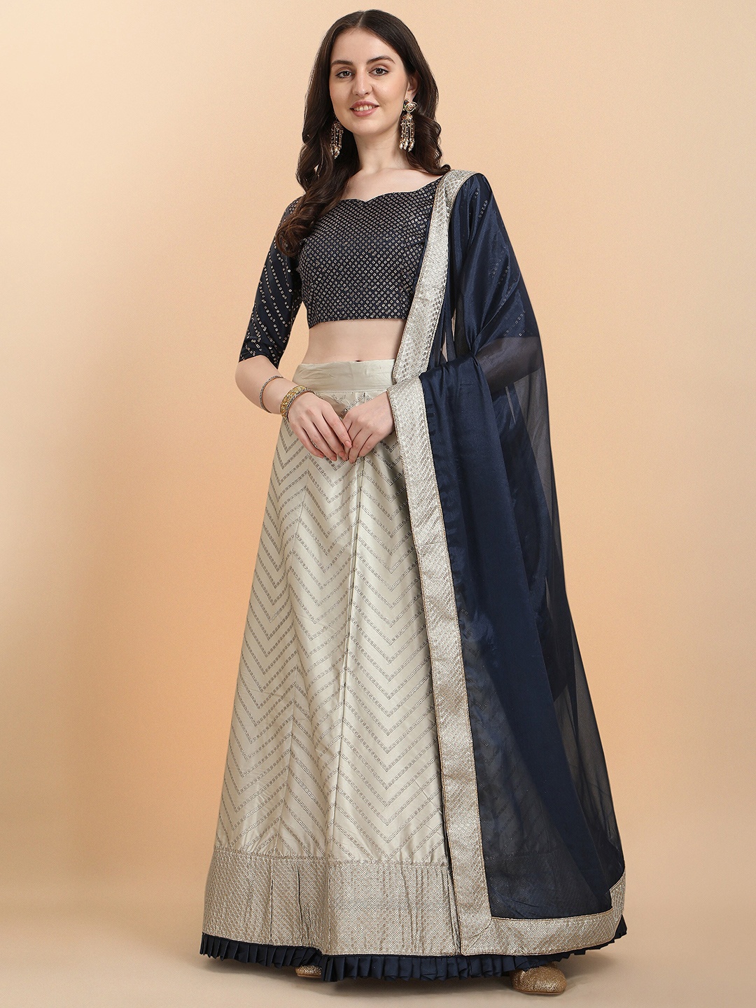 Amrutam Fab Cream-Coloured & Blue Embellished Sequinned Semi-Stitched Lehenga & Unstitched Blouse With
Amrutam Fab Cream-Coloured & Blue Embellished Sequinned Semi-Stitched Lehenga & Unstitched Blouse With