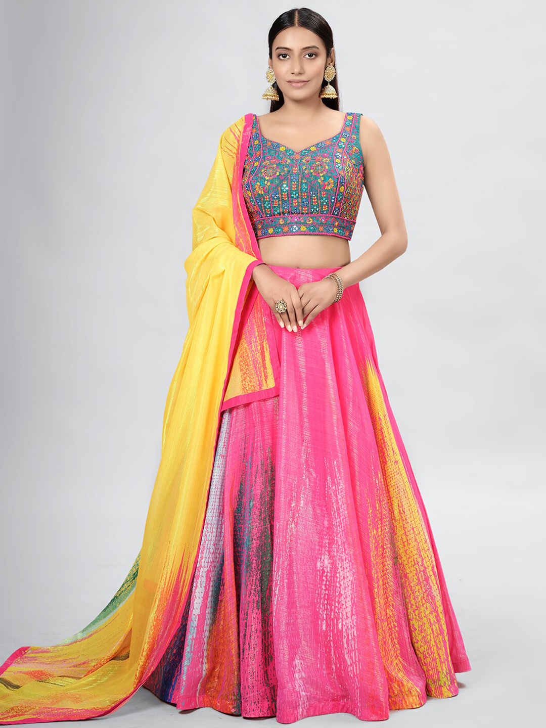 DRESSTIVE Pink & Blue Embroidered Mirror Work Semi-Stitched Lehenga & Unstitched Blouse With Dupatta
DRESSTIVE Pink & Blue Embroidered Mirror Work Semi-Stitched Lehenga & Unstitched Blouse With Dupatta