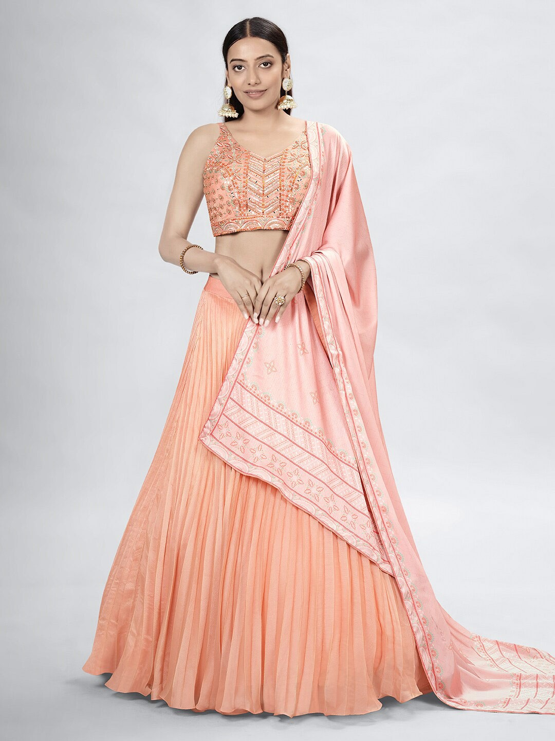 DRESSTIVE Orange & Green Embroidered Semi-Stitched Lehenga & Unstitched Blouse With Dupatta
DRESSTIVE Orange & Green Embroidered Semi-Stitched Lehenga & Unstitched Blouse With Dupatta