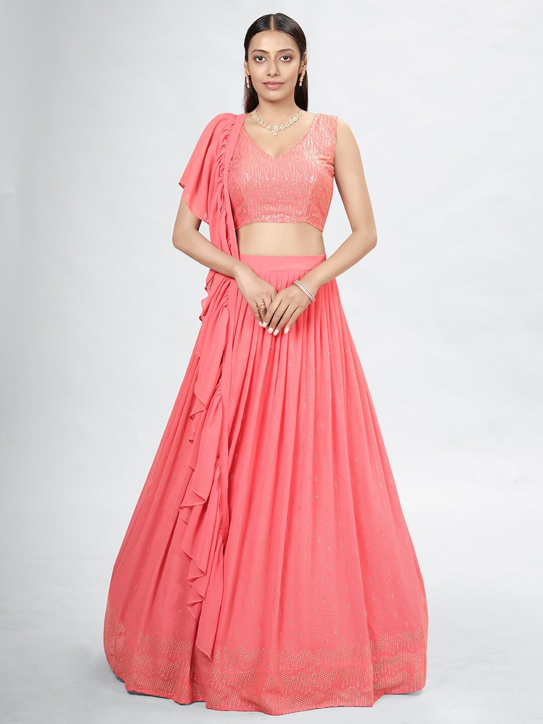 DRESSTIVE Coral & Gold-Toned Embroidered Mukaish Semi-Stitched Lehenga & Unstitched Blouse With Dupatta
DRESSTIVE Coral & Gold-Toned Embroidered Mukaish Semi-Stitched Lehenga & Unstitched Blouse With Dupatta