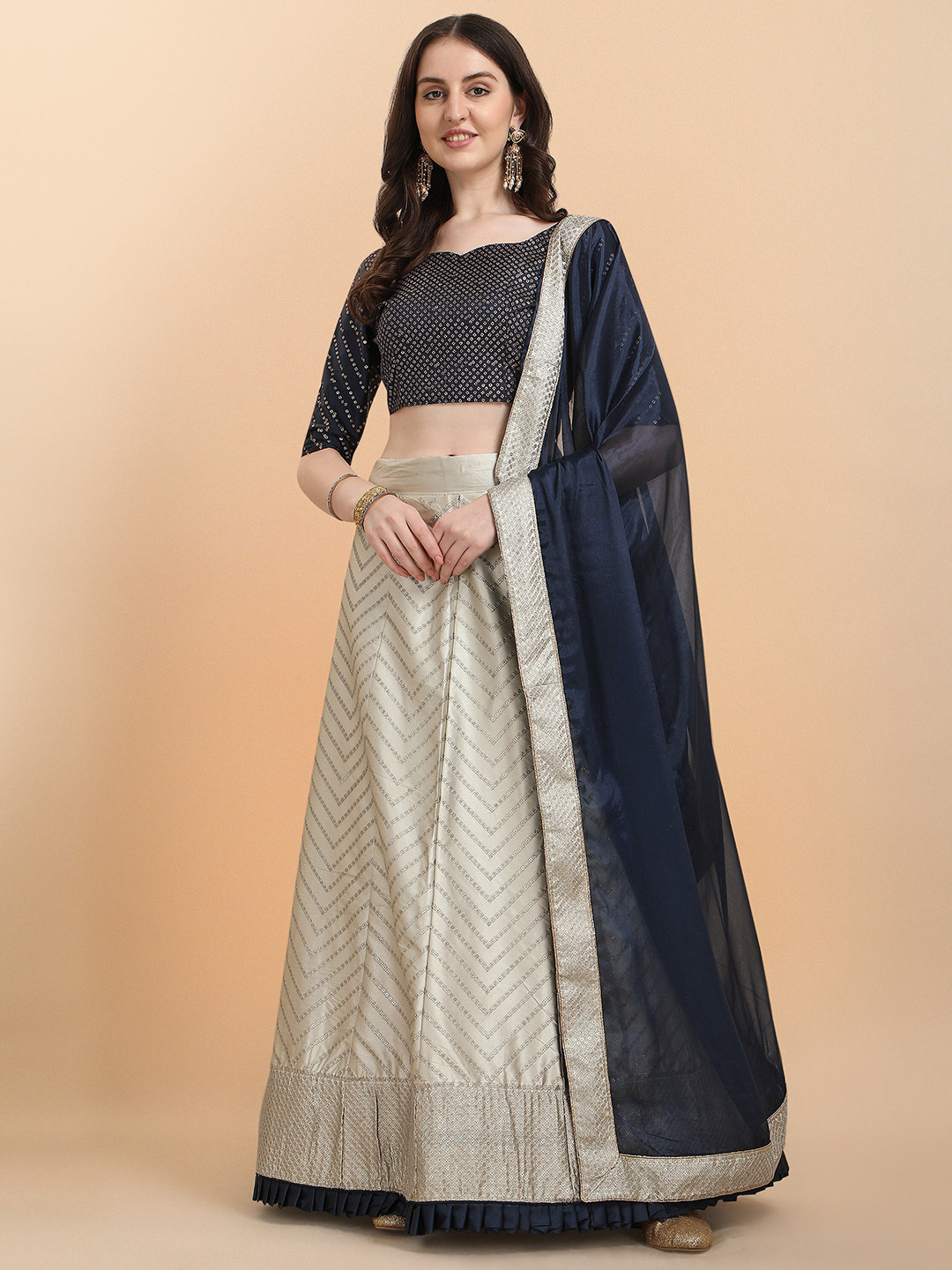 Amrutam Fab Cream-Coloured & Navy Blue Embellished Sequinned Semi-Stitched Lehenga & Unstitched Blouse With
Amrutam Fab Cream-Coloured & Navy Blue Embellished Sequinned Semi-Stitched Lehenga & Unstitched Blouse With