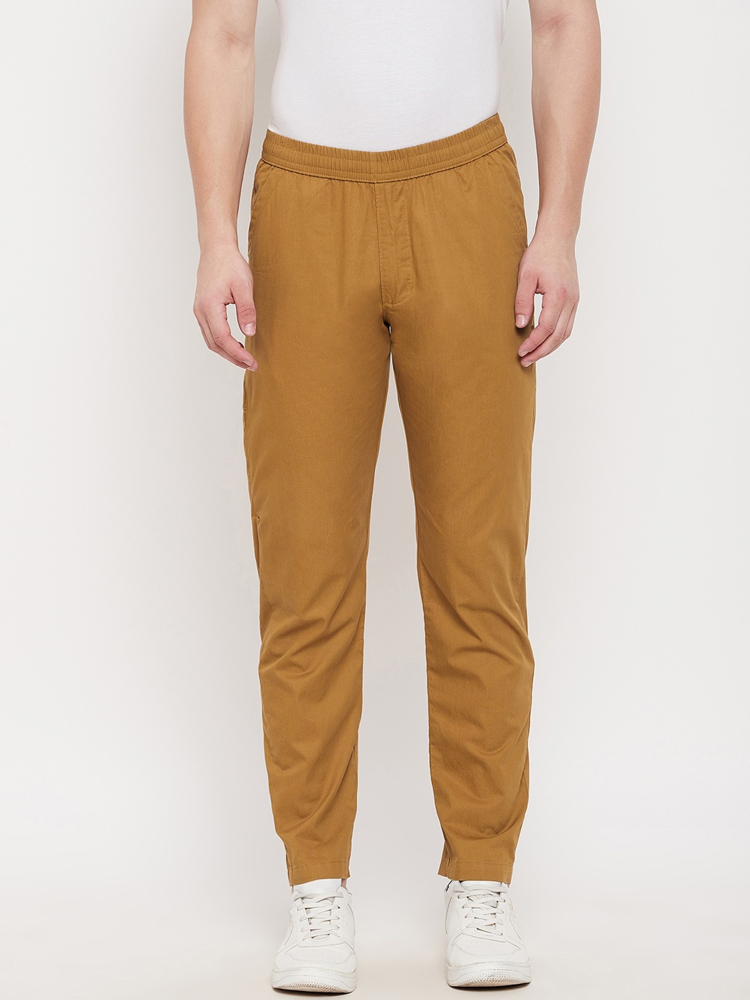 Okane Men Tan Solid Cotton Track Pants
