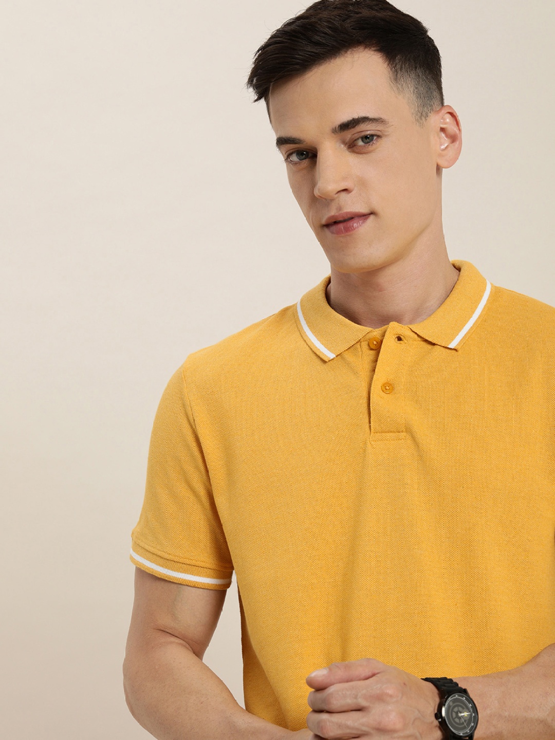encore by INVICTUS Men Yellow Solid Polo Collar T-shirt