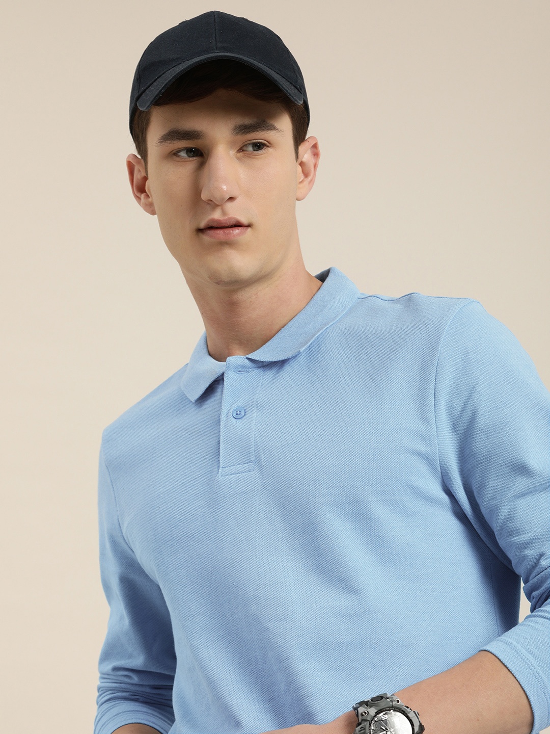 encore by INVICTUS Men Light Blue Full Sleeves Solid Polo Collar T-shirt