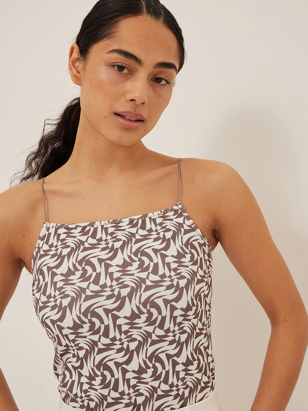 NA-KD Women Brown & White Printed Regular Top