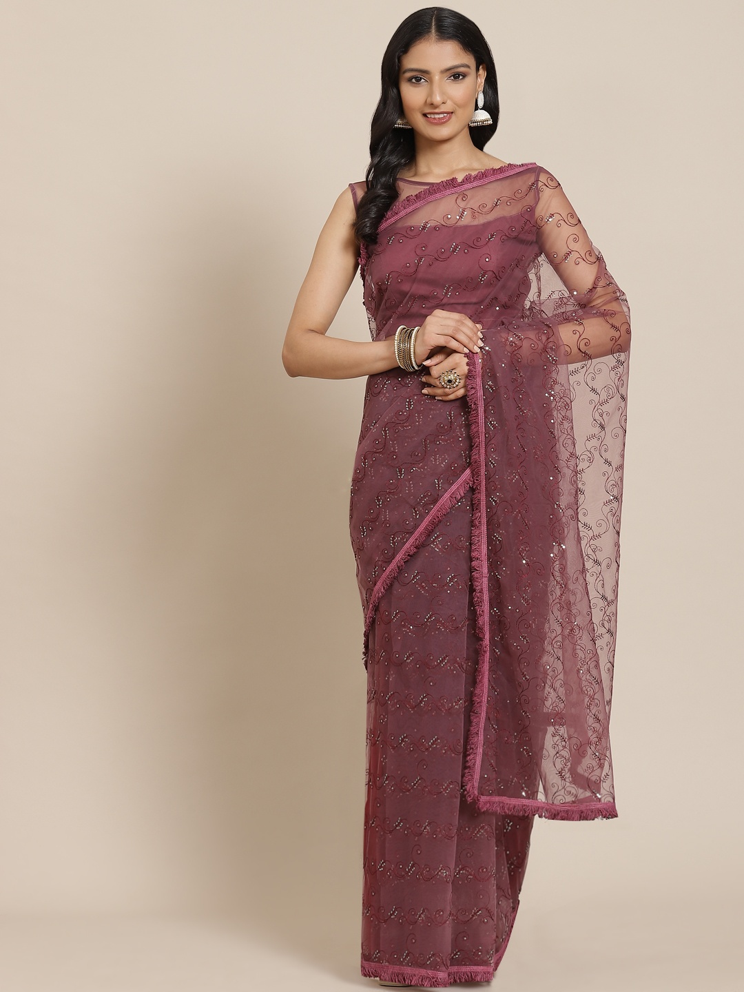 heemara Magenta Ethnic Motifs Embroidered Net Saree