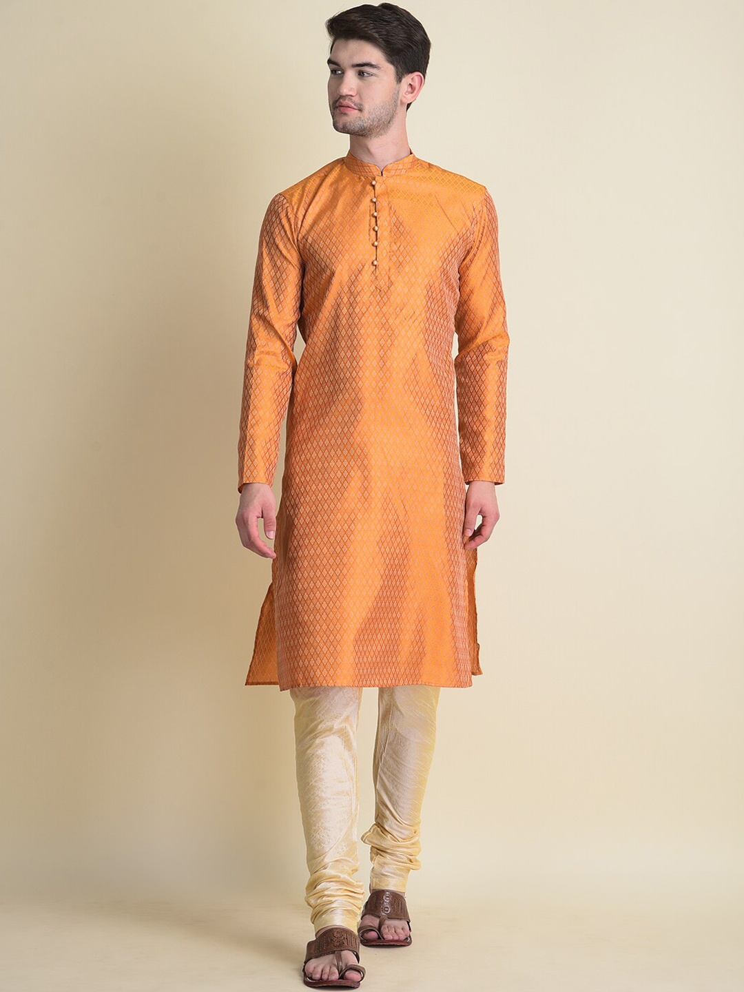 NAMASKAR Men Yellow Silk Self Design Kurta