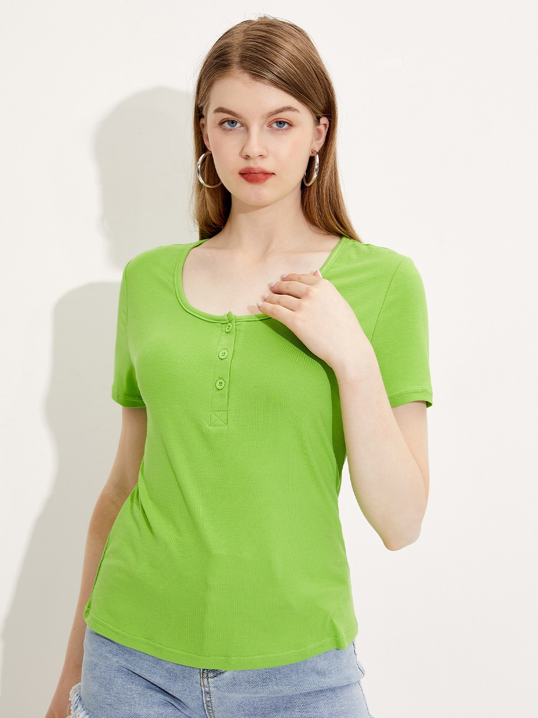 URBANIC Women Green Henley Neck T-shirt