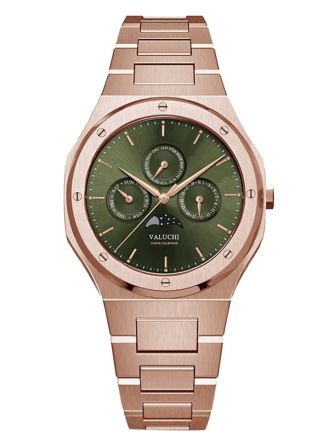 Valuchi Men Black Dial & Rose Gold Toned Stainless Steel Bracelet Style Straps Analogue Multi Function Watch
Valuchi Men Black Dial & Rose Gold Toned Stainless Steel Bracelet Style Straps Analogue Multi Function Watch
