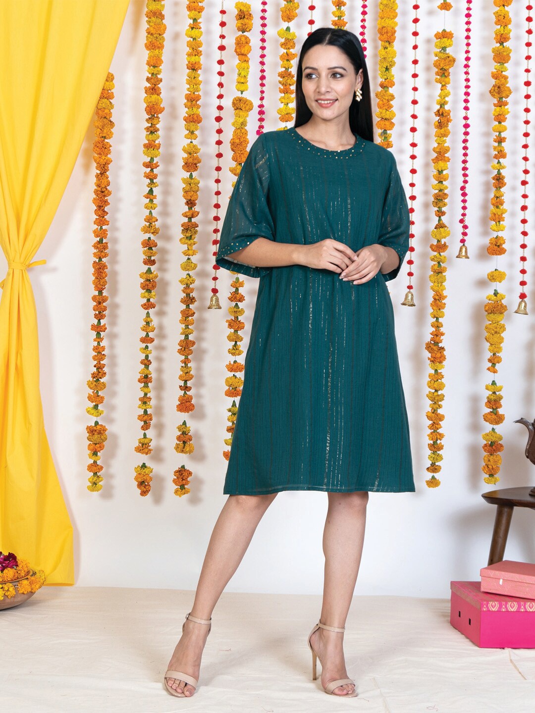 AKISO Women Green Striped Cotton A-Line Dress