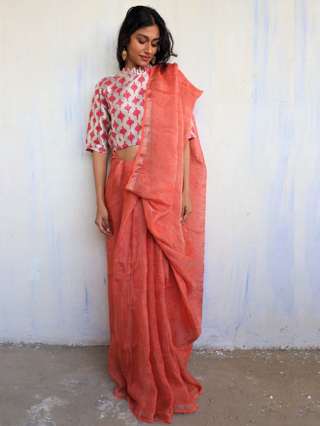Chidiyaa Coral Pure Linen Saree